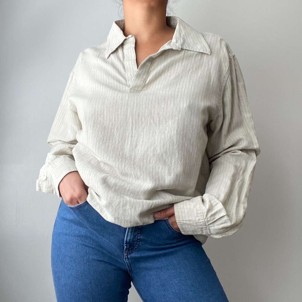 Structure Striped Linen Cotton Lagenlook Oversized Long Sleeve Top Large